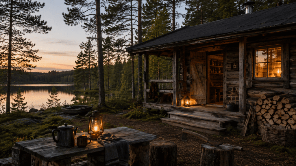 Rehellinen erämökki järven rannalla-